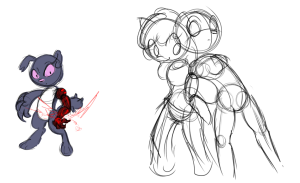 Something something Ghosts Never Grow. Half baked ideas for a comic I'll never actually draw. It's Sandy from Fallout: Equestria - Better Days in some AU incarnation. And some really janky looking anthros.